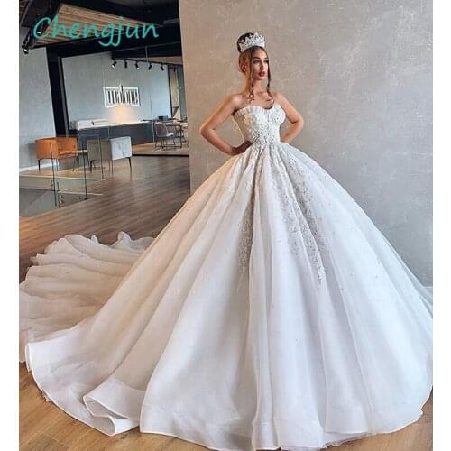 Chengjun Sweetheart Beaded Organza Ivory Ball Gown Chapel Train Bride Dress