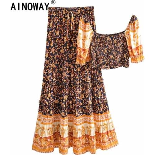 Vintage chic Women two piece outfits off shoulder half Sleeve tops Bohemian Drawstring skirts 2 pieces rayon cotton Boho sets