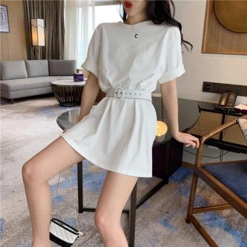 2021 Summer Women Short Sleeve T-Shirts Basic Solid Color Sexy Top with Belt Tee Tops Female Casual White T Shirt Femme Y700