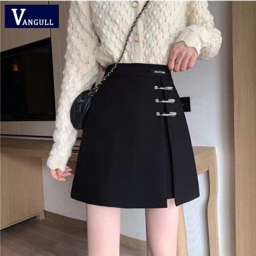 Vangull Women Asymmetric Skirt Casual Sexy High Waist Metal decoration Solid Color Female Mini Skirt Summer Office Lady Skirt