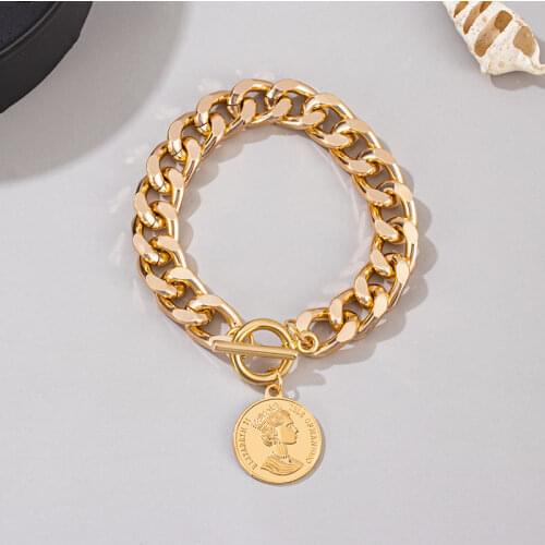 2021 New Trend Curb Cuban Lock Chain Bracelets for Women Gold Color Punk Coin Charm Bracelet Bangles Fashion Jewelry Accessories