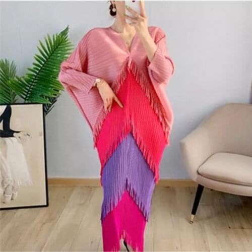 2021 spring and summer new Miyak pleated womens fringed dress fashion large size loose color matching and thin mid-length dress