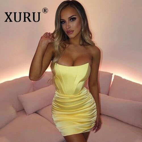 XURU New Womens Dress Sexy Nightclub Off-shoulder One-word Collar Pleated Chest Wrap Dress