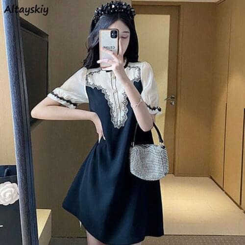 2021 Dress Women Summer New Elegant Mesh Puff Sleeve Fashion French Style Holiday Leisure Vintage Patchwork Mini Female Vestido