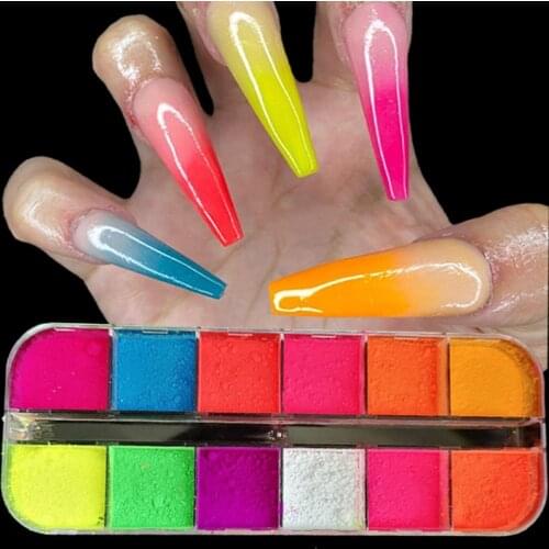 12 Colors Fluorescent Nail Dipping Powder Makeup Glitter Neon Eyeshadow Palette Shimmer Nail Art Decoration Acrylic Dust Pigment