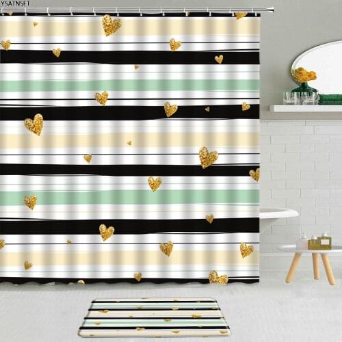 2Pcs Simple Geometric Stripes Shower Curtain Wavy Dots Floral Green Leaf Fabric Decor Non-Slip Bath Mat Bathroom Curtains Set