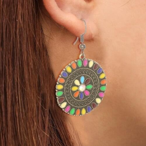 Bohemian Ethnic Earrings for Women Vintage Colorful Diamond Flowers earrings Exquisite Circle Drop Earrings 2021 Trend Jewelry