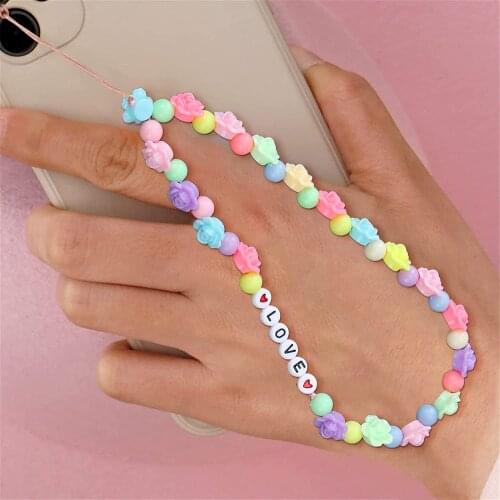 Beaded Phone Lanyard Wrist Strap Handmade Rainbow Polymer Clay Acrylic Beads Pearl Bracelet Keychain Gift For Women