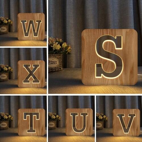 A to Z 26 Letters 3D USB Wood Led Night Light Novelty Kid Bedroom Wooded Hollow Carved Bedroom Decoration Table Lamp Child Gift