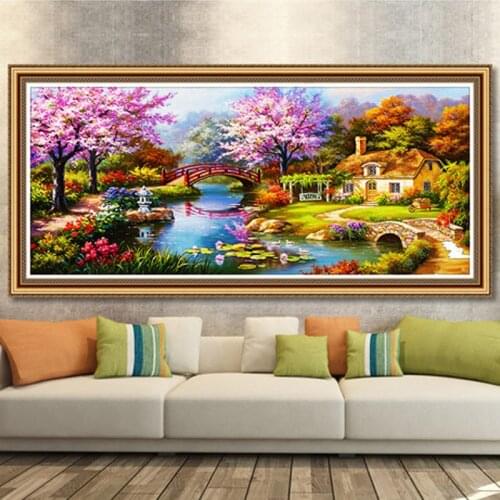 Diy Scenery Diamond Painting Homestead House Diamond Embroidered Tree Bridge Hut Wall Paintings For Living Room