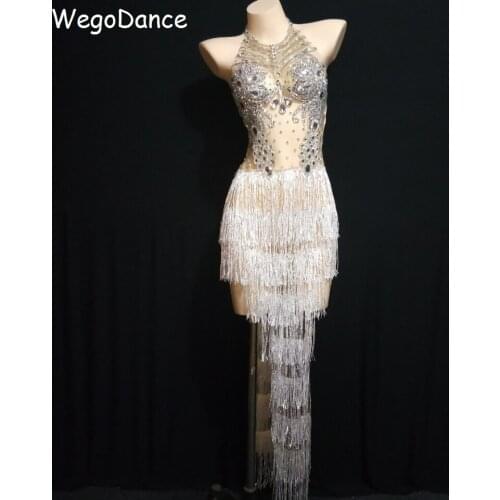 Hot Sale Silver Women White Rhinestones Fringes Dress Singer Crystals Stage Wear Birthday Tassel Bar Nightclub Dance Wear