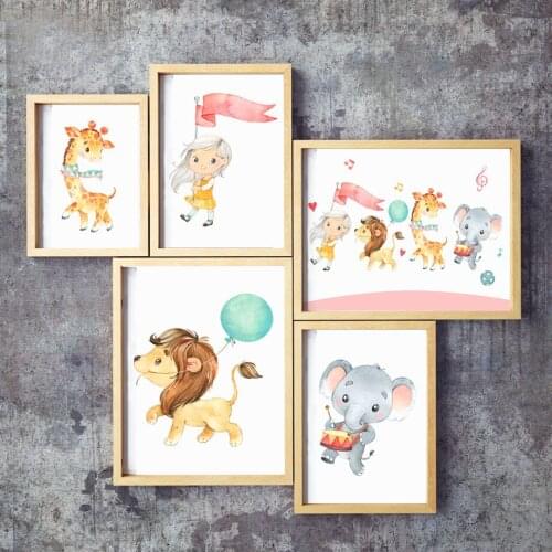 Cute Girl Red Flag Elephant Giraffe Nordic Posters And Prints Wall Art Canvas Painting Nursery Wall Pictures For Kids Room Decor