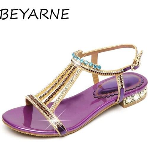 BEYARNE Fashion Rhinestone Sandals Women Flat Seaside Vacation Beach Shoes Summer Bohemian Sandals Luxury Brand Plus Size Shoes