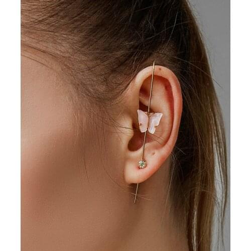 Trendy Butterfly Ear Needle Wrap Crawler Hook Earrings for Women Female Surround Auricle Diagonal Stud Zircon Piercing Earrings