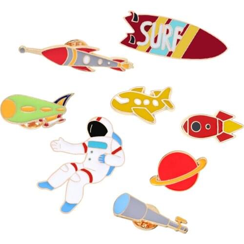 Cartoon Fashion Brooches Universe Astronaut Spacecraft Planets Rocket cosmos Enamel Lapel Pins Clothes Bag Badges Gifts for kids