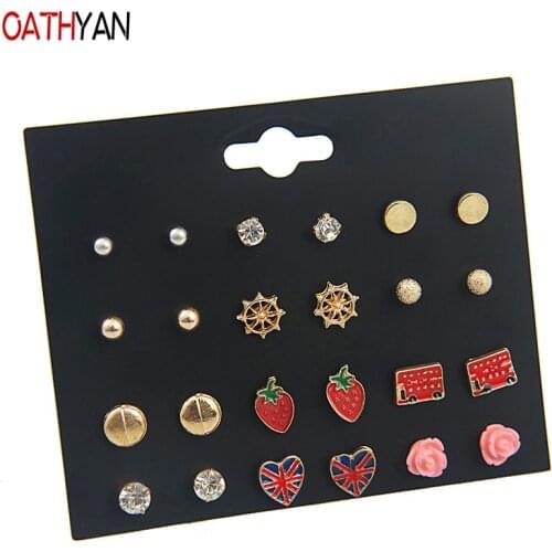OATHYAN 12 Pairs/Set Ladies Strawberry Enamel Stud Earrings Set Mix Jewelry For Women Ball Flower Rhinestone Crystal Earrings