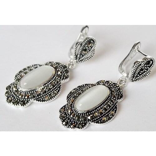 Wholesale good VINTAGE WHITE OPAL 925 $ Luxury Girls Wedding MARCASITE EARRINGS 11/2" VALENTINES GIFTMs. girl Wedding-Jewelry