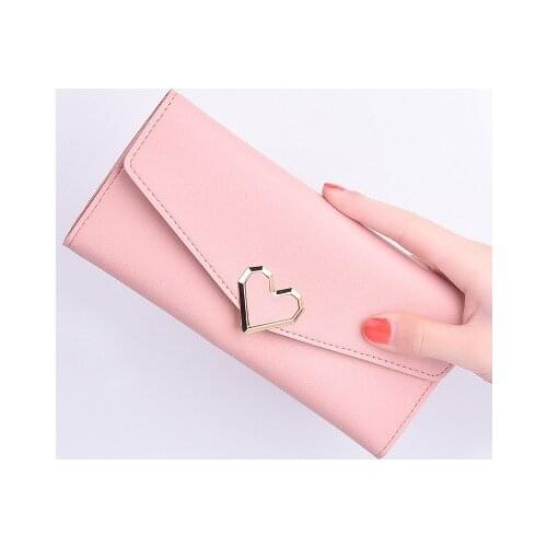 PU Leather Purse Heart-shaped Decoration Long Multi-card Wallet Purse Buckle Clutch Mobile Phone Student Womens Wallet New Cute