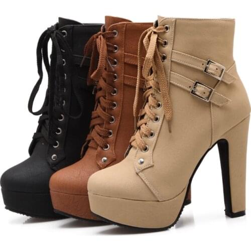 Plus Size Ankle Boots Women Platform High Heels Female Lace Up Womens Shoes Buckle Woman Short Boot Ladies Footwear