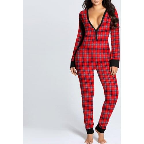 Christmas Plaid Pajamas Womens Button-down Front Functional Buttoned Flap Adults Jumpsuit pyjama femme sexy mujer invierno Pink