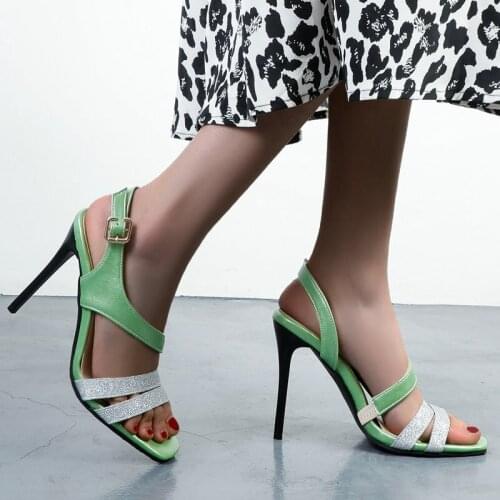 Women Sequinted Mixed Colors High Heel Sandals Summer Open Toe Gladiator Sandals Fashion Buckle Thin Heel Party Lady Shoes