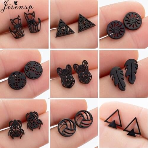 Punk Black Stainless Steel Stud Earrings Women Men Tiny Geometric Dog Leaf Umbrella Volleyball Earing Best Gift for Friends