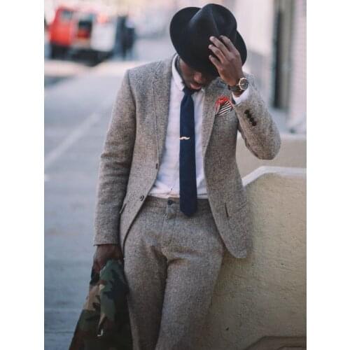 Grey Tweed Men Suits Slim Fit Wedding Tuxedos for Men Skinny Notched Lapel Custom Made Groom Tuxedo 2 Pieces