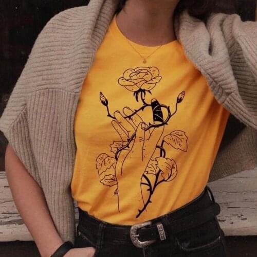 Sunfiz YF PICK UP Rose Flower in the Hand Tee Short Sleeve Punk Style Cotton Nostalgia Yellow Women Graphic Fashion T-shirt