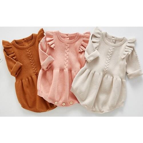 0-24M newborn baby sweater autumn winter ruffles lace sleeve toddler girls romper warm cotton knitted pajamas children costumes