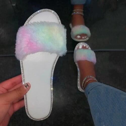 Outdoor leisure all-match sandals Autumn/winter new single layer fur candy color flat rhinestones home non-slip durable slippers