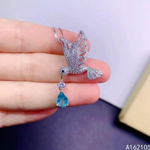 Fine jewelry 925 pure silver inlaid natural Apatite girl luxury classic bird water drop Chinese style gem pendant necklace suppo
