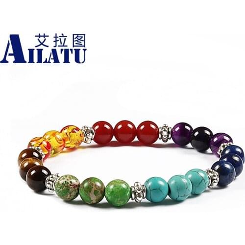 Ailatu New Design Wonderful 8mm Rainbow Color Stone Beads with Lion Head Charm Suited to be Lovers' Gifts Couple Bracelets
