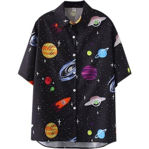 Retro Shirt All-Match Women Blouse Cosmic Starry Sky Print Pattern Top Loose Black Lapel Vetements Femmes