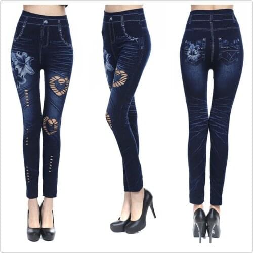 High Elastic Women Leggings Blue Imitation Jeans Love Heart Pattern Fashion Slim Seamless Pants Trousers Denim Leggings