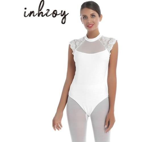 Women Sexy Mesh Lace Splice Stretchy Dancewear Ballerina Bodysuit Gymnastics Leotard Adult Performance Dance Costume for Ballet