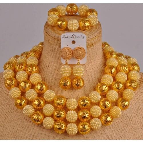 Beige simulated pearl costume necklace gold african jewelry set women nigerian wedding sets ZZ19