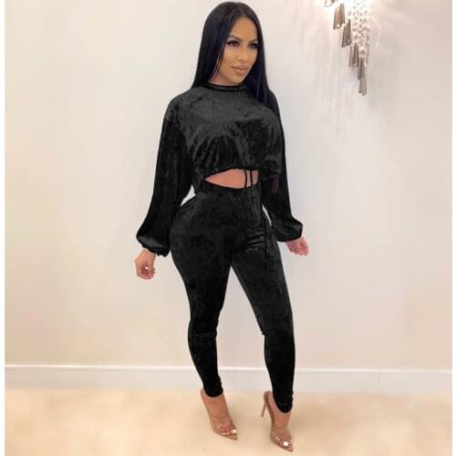 Casual Velvet Women Two Piece Set Joggers Women Crop Top + Long Pants Drawstring Tracksuit Women Streetwear Suit Outfit