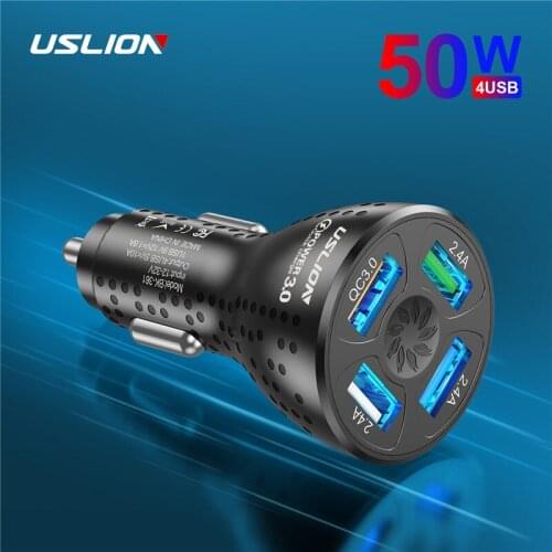 USLION 50W 4 Ports USB Car Charger QC4.0 QC3.0 Mini Fast Charging For iPhone 13 11 Xiaomi Huawei Phone Charger Adapter in Car