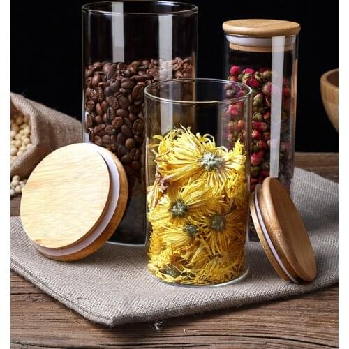 Bamboo Lid Sealed Jar Transparent Glass Storage Jar Tea Caddy Household Grain Kimchi Moisture-proof Storage Bottle