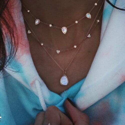 Boho Fashion Vintage Gold Necklaces For Women Crystal Heart-shaped Water Drop Opal Pendant Necklace Multilayer Female Jewelry