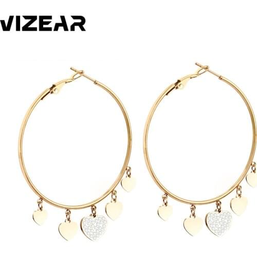 Big Womens Stainless Steel Earrings Rose Gold Round Tassel Hearts Charm Hoops Korean Ear Jewelry Friendship Best Gift 2021