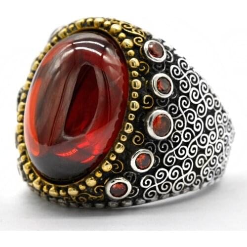 Big Natural Garnet Stone Ring for Men Real 925 Sterling Silver Vintage Turkish Jewelry Antique Carved Male Rings Exquisite Gift