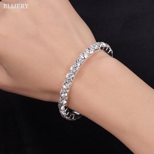 BLIJERY Silver Plated Simple Crystal Bracelets & Bangles for Women Bride Gift Fashion Open Cuff Bangle Femme Party Prom Jewelry