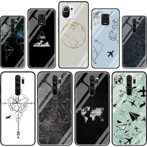 Popular Planes Map Designs Glass Phone Case for Xiaomi Redmi Note 9S 8 7 Mi Poco X3 NFC 8T 10 Lite 9T 9 10T Pro CC9E 9C Cover