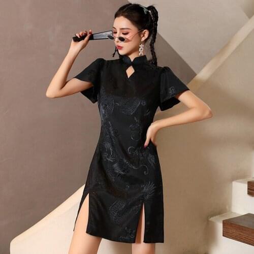 Cheongsam Vintage Chinese Dragon Dress Women Girs Gothic Style Qipao Short Sleeve Party New Year Clothes Harajuku Vestido 12363