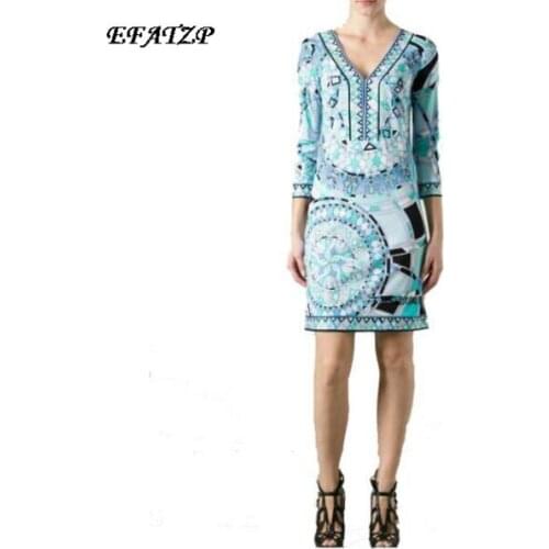 [EFATZP] Luxurious Italian Brands Womens Stunning Print V-Neck Elegant 3/4 Sleeve Jersey Silk Dress Cute Dress Plus size XXL