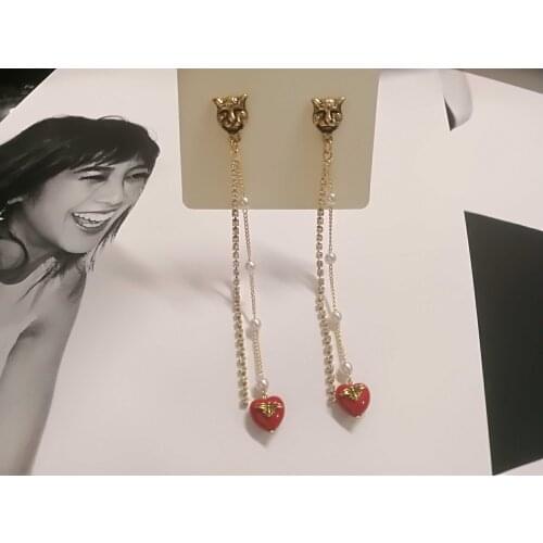 Korean vintage cute animal red heart pearl long drop dangle earrings jewelry for women party
