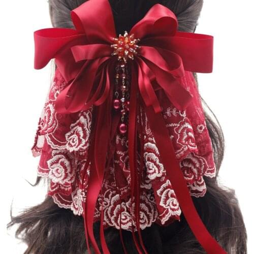 Red handmade lolita Satin lace large bow Hair clip (barrettes size:8cm)
