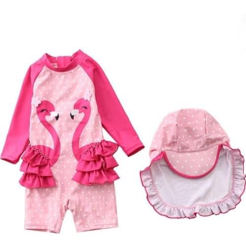 1-5years Girls Swimsuit New 2021two Flamingos Girls' Swimwear One Piece Sun Protection With Hat For Childrens Swimwear TB045