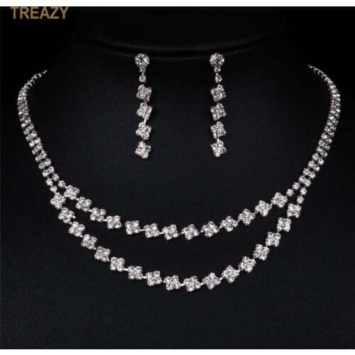 Fashion Geometric Squares Necklace Earrings Bridal Jewelry Sets Silver Plated Rhinestone Crystal Wedding Jewelry Sets for Women